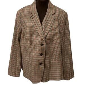 Talbots Women’s Petite Brown Orange Plaid Elbow Patches Blazer Jacket Size 20WP